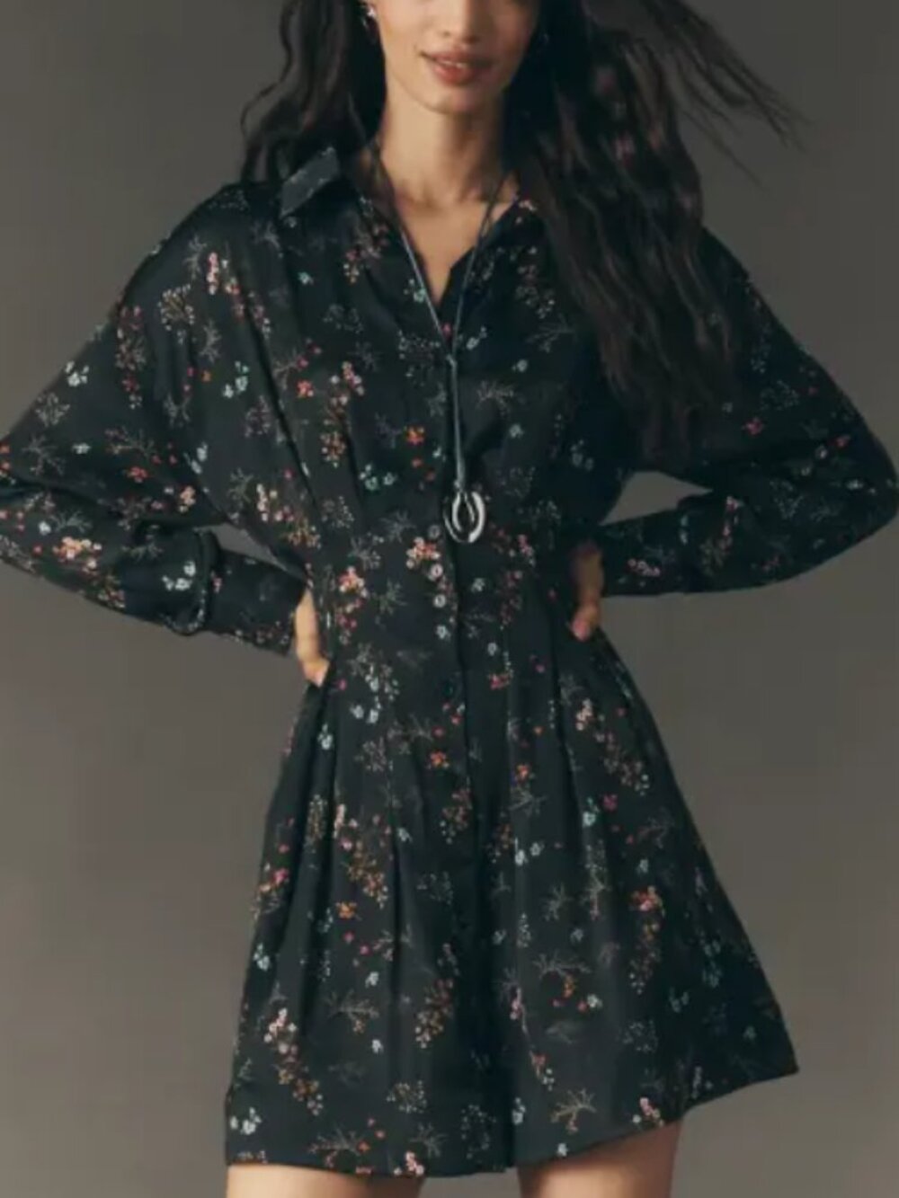 Anthropologie Exquise Tobie Satin Shirt Dress Black Floral Long Sleeve L